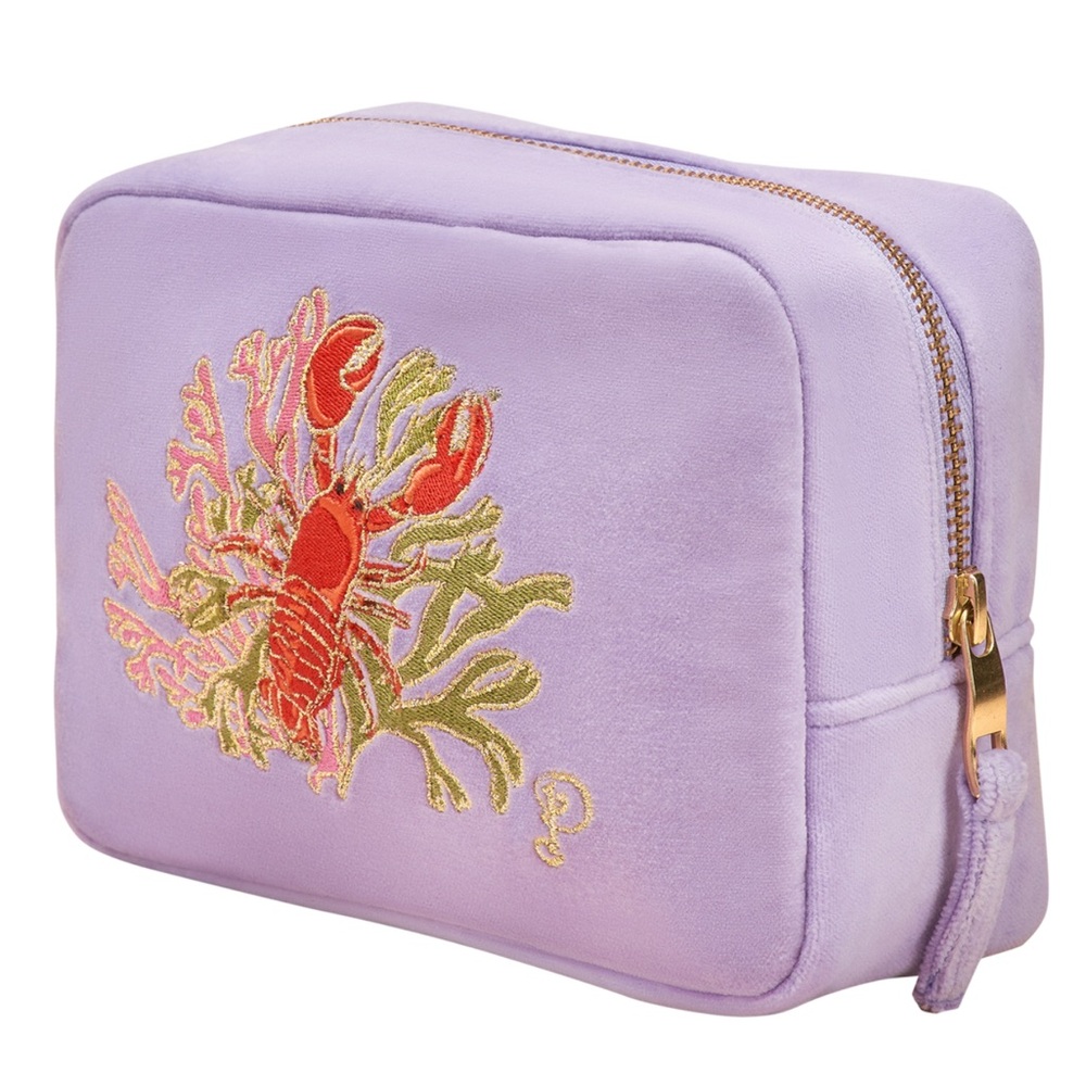 Powder UK Lobster Buddies lavender velvet embroidered make-up bag/Dopp kit-NWT